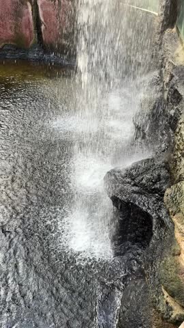 Powerful waterfall stream falling down from dark rocks close up of white water foam and splashing in a tropical environment.