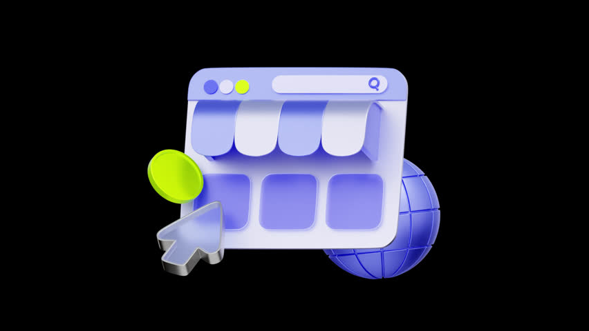 3D icon of a web browser storefront with a globe and cursor For e-commerce website, global retail business, online marketplace, and digital marketing.