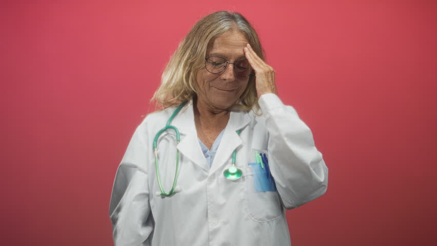 Senior woman doctor wearing labcoat and glasses with stethoscope touches temple in studio pink backdrop; fatigue reflection care.