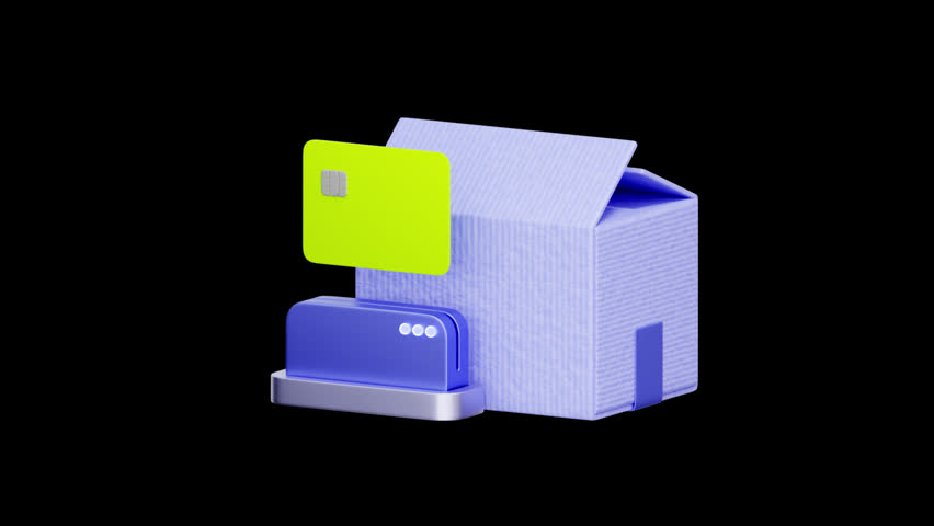 3D icon of a cardboard box with credit cards and checkmark For secure checkout, payment verification, e-commerce delivery, and buyer protection.