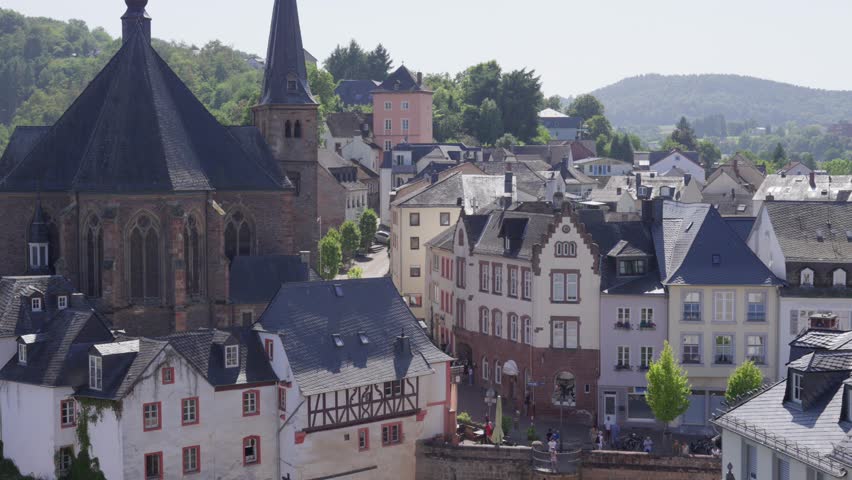St Laurentius Church overlooks Saarburg old town in Germany.
