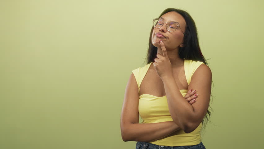 Young hispanic woman, finger to chin and arms crossed, wearing glasses and yellow tanktop in studio; thoughtful curiosity.