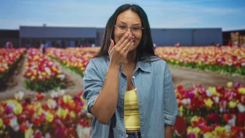 Woman brunette wearing glasses and denim shirt covering mouth with hand beside rows of tulips in front of building, open surprised expression; surprise wonder.
