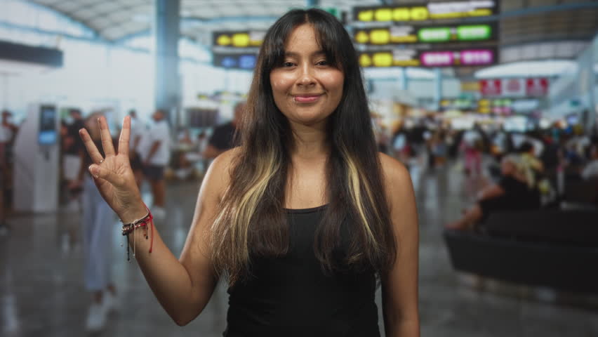 Woman points index finger up in airport terminal and smiles confidently; confidence travel optimism.