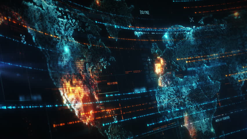 Global network map illuminating data transfer and information flow across continents
