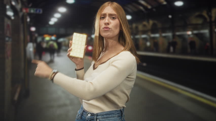 Woman holding white chocolate bar and points finger on subway platform inside a building, hands visible and wearing jeans and sweater; confidence attitude.