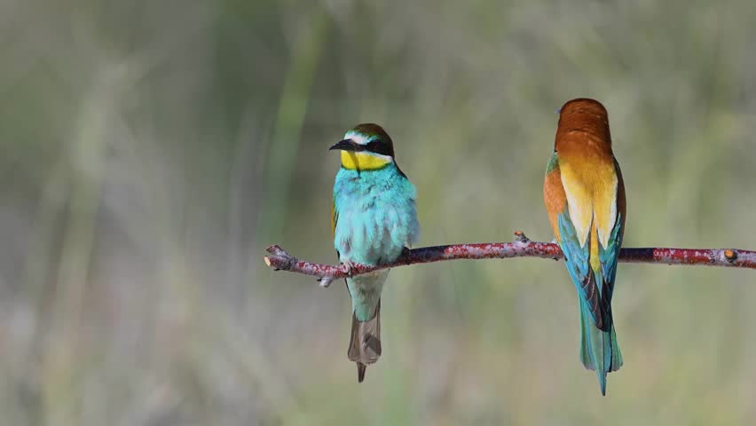 Two European Bee-eaters (Merops apiaster) standing side by side on a branch, preening their feathers.