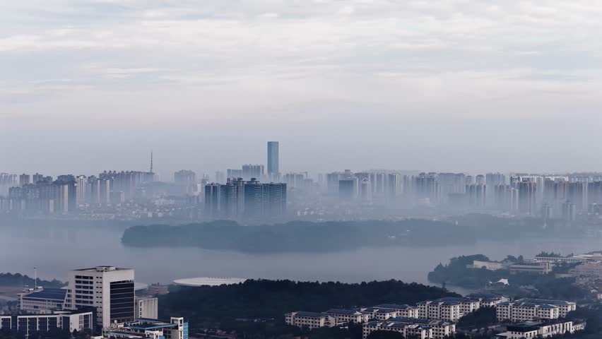 Skyline of China City on a Foggy Day