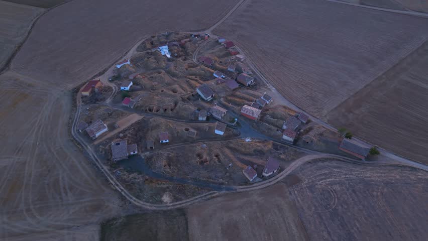 Aerial drone view of the Bodegas de Portugal wineries in the village of Arenillas de Riopisuerga, in the Odra-Pisuerga region. Burgos, Castile and León, Spain, Europe.