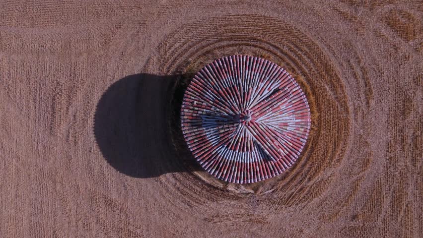 Aerial view from a drone of ancient dovecotes in the Tierra de Campos Region, Palencia Province, Castile and León, Spain, Europe