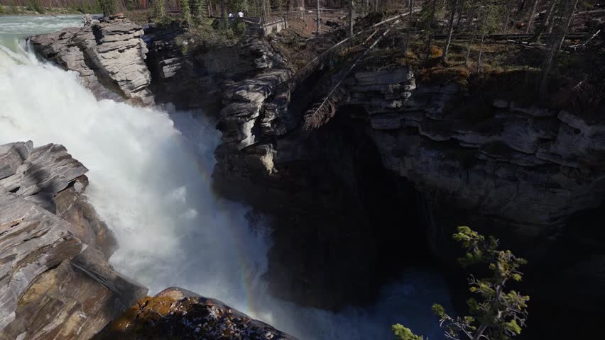 Athabasca Falls flowing through rocky canyon in Jasper National Park