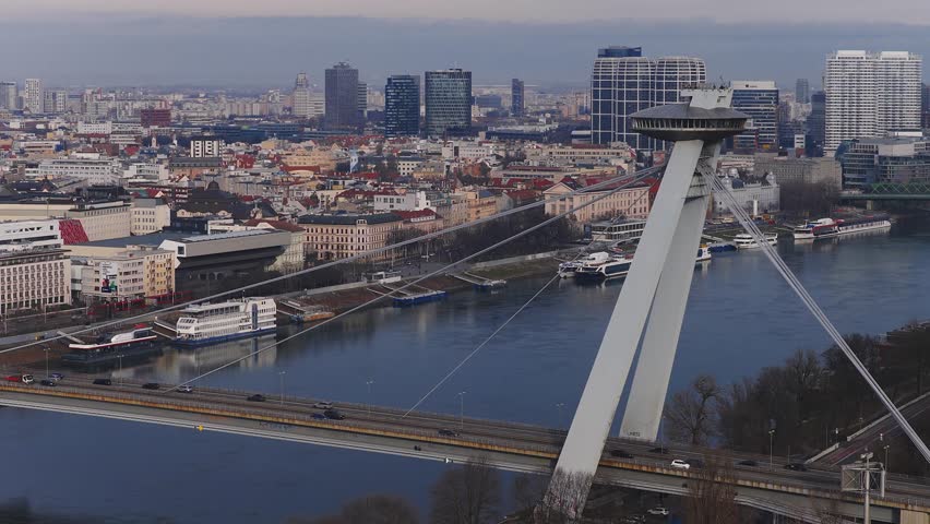 Aerial view of Bratislava, Slovakia, shows the Danube, Most SNP with UFO tower, St. Martin