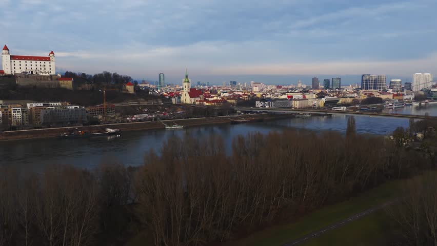 Aerial view of Bratislava, Slovakia, shows Most SNP, St. Martin
