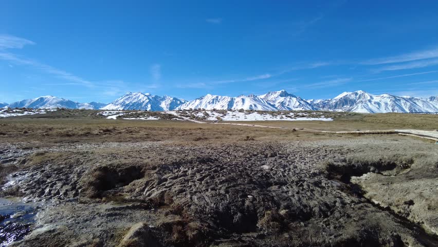 A steady panoramic view of the snow-capped peaks of the Eastern Sierra Nevada mountains under a clear blue sky. Foreground features arid high desert terrain and sagebrush near Mammoth, California.