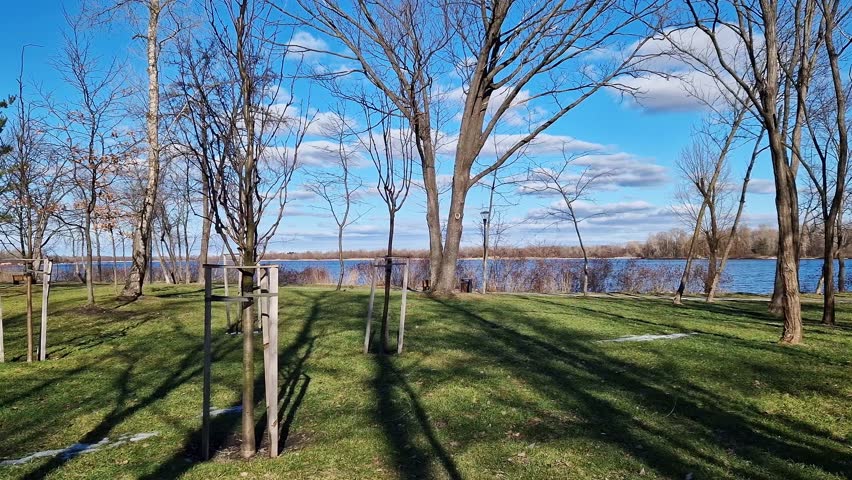 Trees planted in the park. Picturesque spring or late winter landscape of the park near the pond. Young trees, neatly tied to wooden stakes for support. Landscape in the park, lawn, trees and river