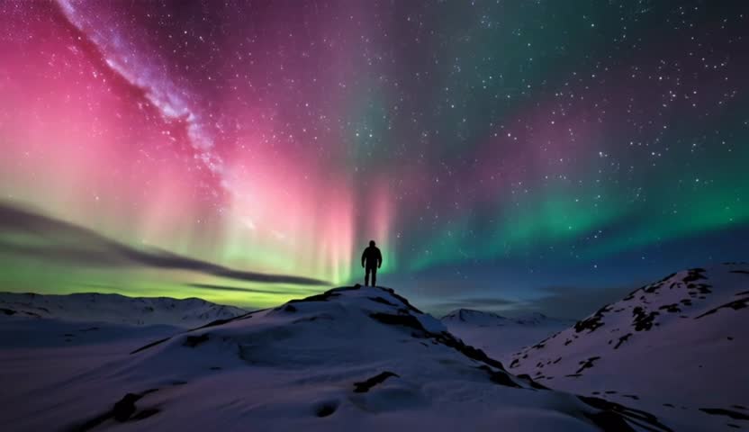 Silhouette of a person standing on a snowy mountain peak looking at the colorful Aurora Borealis phenomenon and the spectacular Milky Way galaxy.