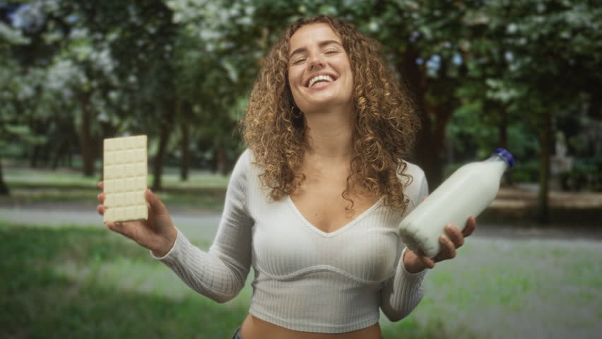 Woman holds a white chocolate bar in one hand and a glass milk bottle in the other while smiling and presenting both items in a forest park; wholesome joy.