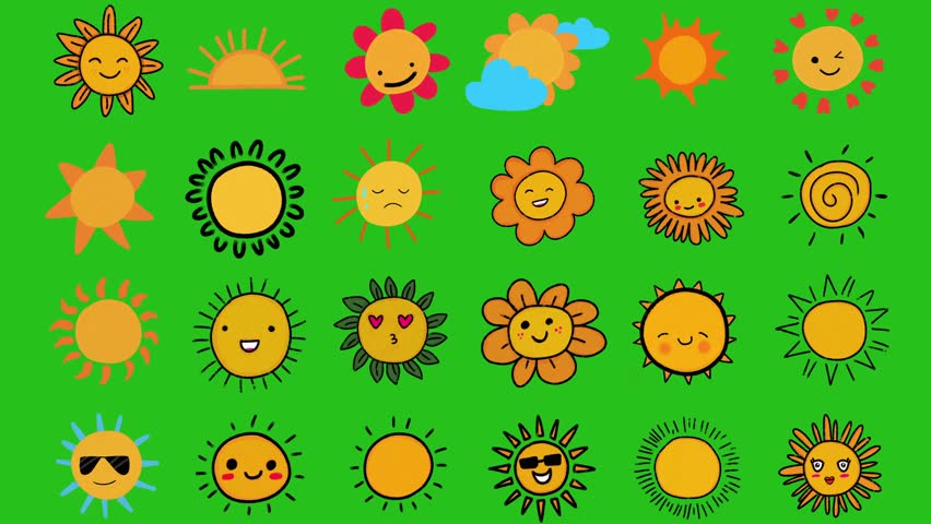 Cute Smiling Sun Face Hand Drawn 2D Animation on Green Screen | Cartoon Doodle Sunshine Overlay Effect Asset