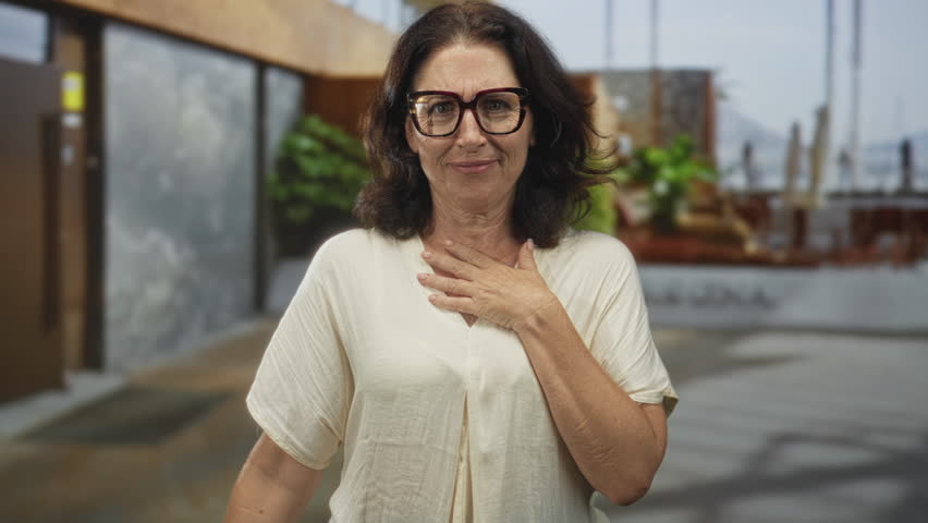 Woman with hand on chest wearing glasses in a modern building lobby, looking surprised; surprise reflection.