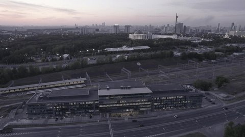 Drone Flying High around Moscow Office Complex