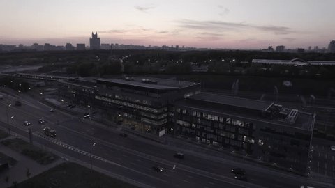 Drone Orbiting Moscow Business Center Sunset