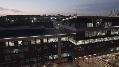 Drone Pulling Away Moscow Business Center Sunset