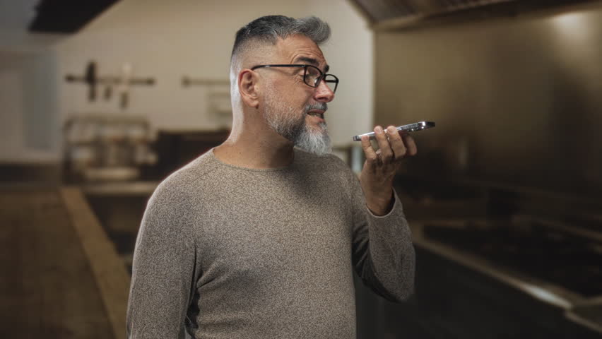 Man with grey beard and glasses holding smartphone near mouth in kitchen building while speaking into phone; thoughtful reflection communication.