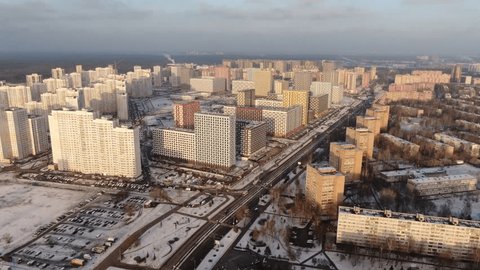 Aerial Zoom toward Dense City District