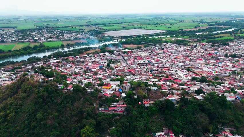 Aerial view of the beautiful town of santiago ixcuintla in nayarit, mexico, and the santiago river
