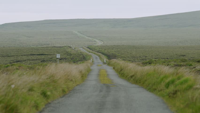 Static shot of a single-track road with a passing place on a Hebridean moor.