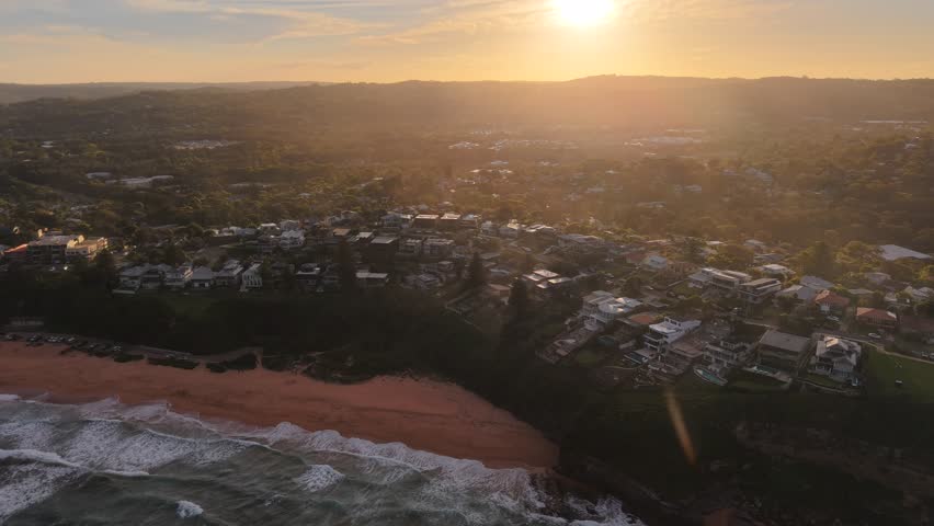  Aerial View of Warriewood Beach and Coastal Cliffs, Northern Beaches Sydney NSW Australia at Golden Hour