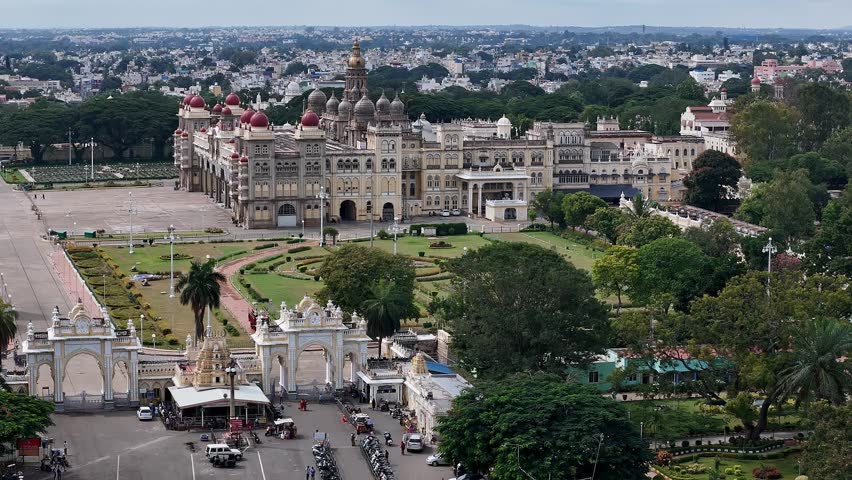 Drone view of Mysore Palace or Amba Vilas Palace a historic royal residence and magnificent historical palace located in the cultural city of Mysore, Karnataka, India.