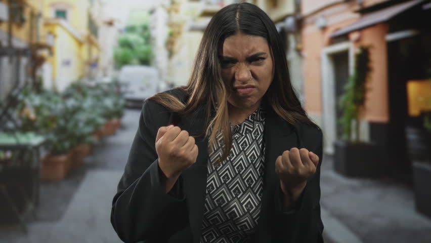 Woman clenches fist and grimaces on a street with potted plants and cafe awnings, wearing patterned blouse and black blazer with visible nose piercing; anger defiance.