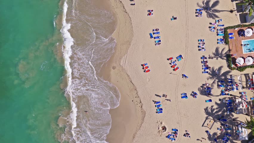 Tourists And Lounge Chairs On Sandy Beach Of Playa Dorada In Puerto Plata, Dominican Republic. aerial topdown shot