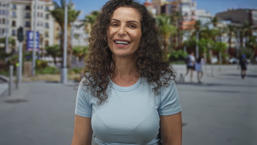 Young hispanic woman winks with one eye at the camera on a sunlit city street lined with palm trees; playful charm.