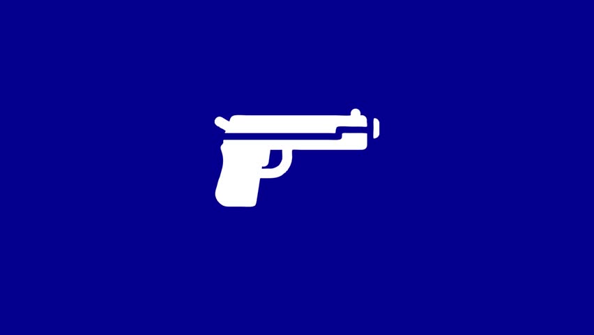 Flat design white gun pistol handgun icon. Simple minimal animation in isolated blue background