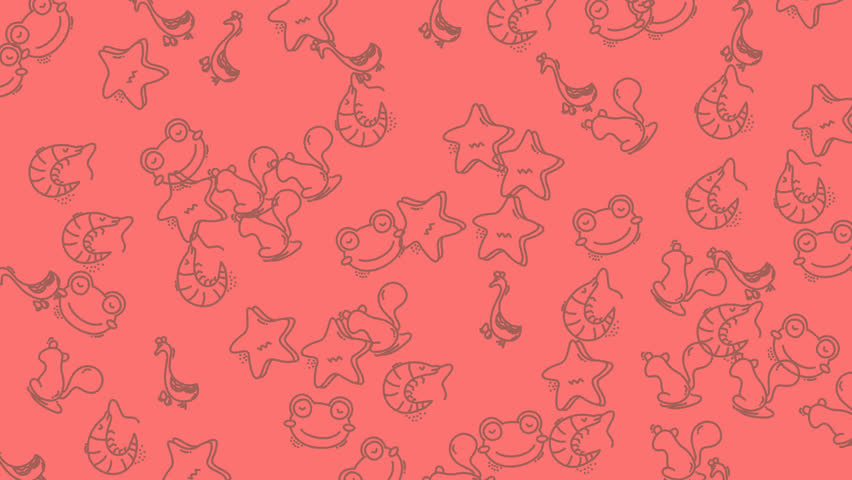Assorted doodles of frogs, stars, and shrimp on coral background perfect for marinethemed designs and childrens illustrations. Cute and vibrant illustrations for various design projects.