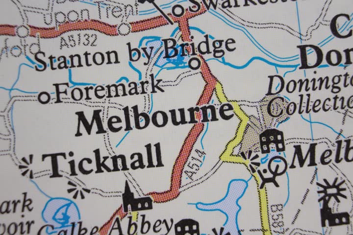 Melbourne - United Kingdom colour atlas map town name of the area zoom in