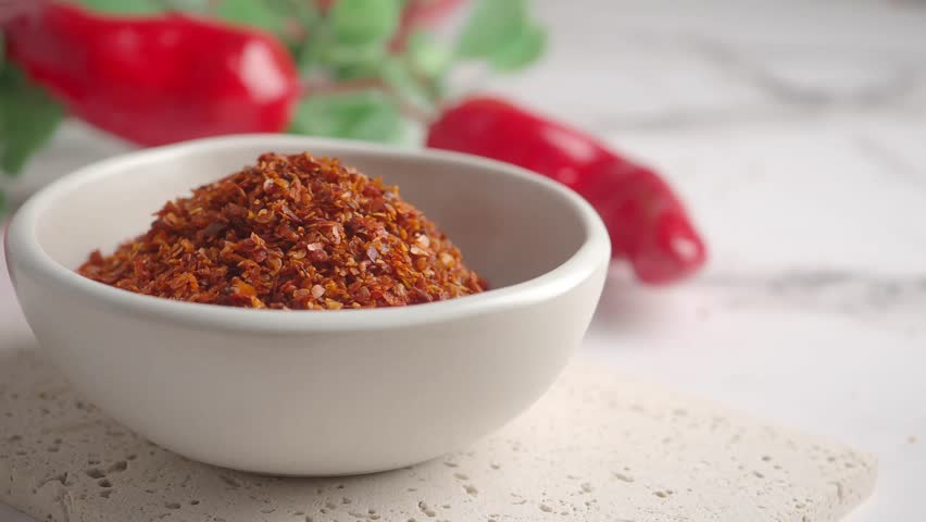 Close up of red chili flakes in a white bowl with fresh chili peppers in background food ingredient