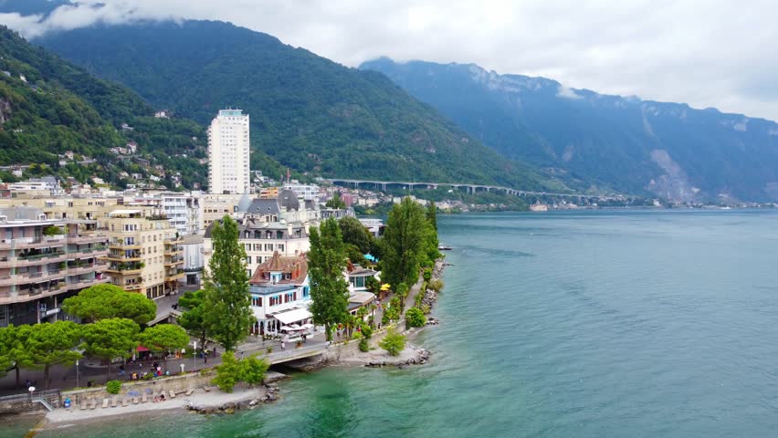 The charming Swiss town of Montreux situated at the foot of the Alpine peaks on the shores of Lake Geneva