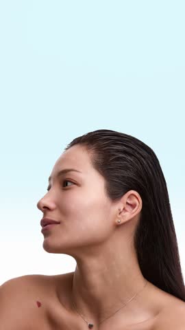 Female face profile with glowing skin grid mapping on clean light background. Concept of skincare analysis, anti aging treatment, dermatology technology and beauty clinic services.