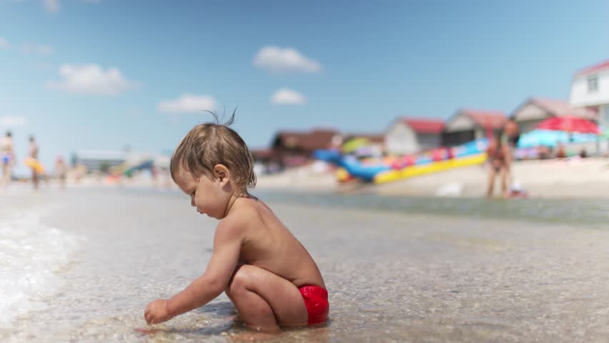 Kid collects shells and pebbles in the sea on a sandy bottom under the summer sun on a vacation