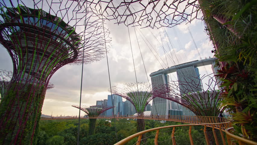 Gardens by the Bay view of Marina Bay Sands in Singapore. Cityscape of park and urban city in Asia, beautiful tourist points.