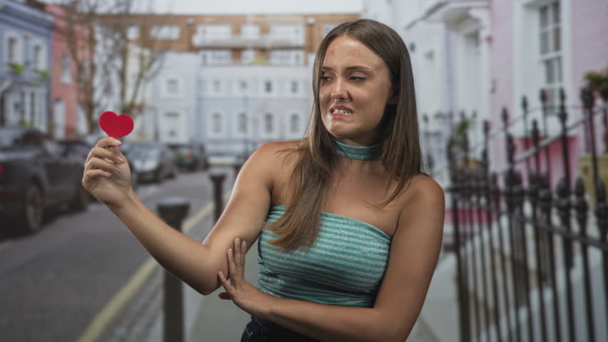 Woman holds small red paper heart with outstretched hand on a residential street beside iron railing and parked cars; love doubt.