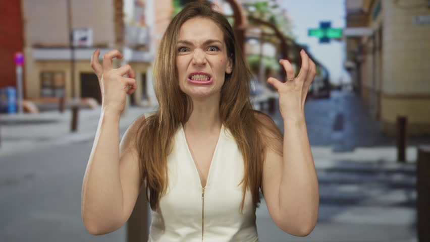 Woman in a white sleeveless top clenches fists and snarls on a sunlit city street lined with storefronts; anger.