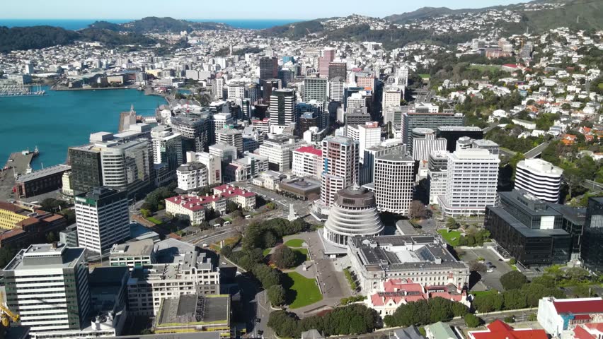 Beehive and New Zealand Parliament Buildings in Wellington Central. Aerial cityscape