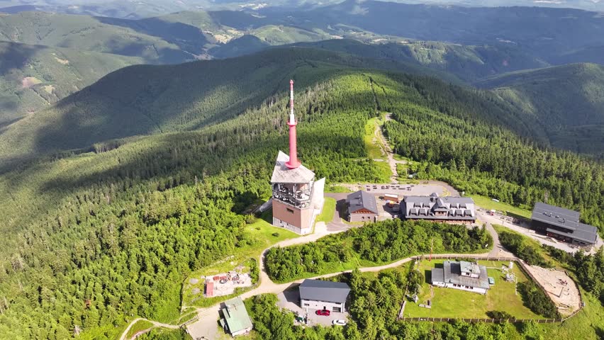 Lysa Hora mountain in Beskydy with iconic telecommunication tower in Czech Republic.