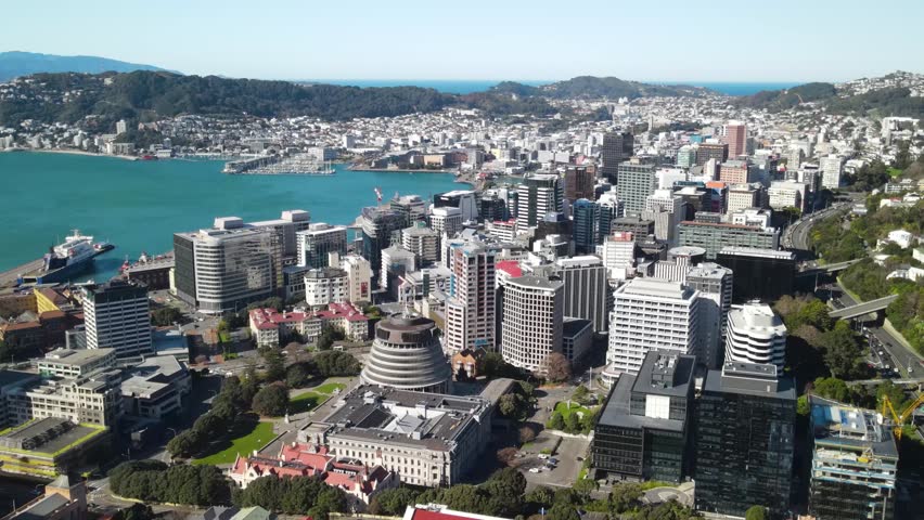The central of Wellington, the capital of New Zealand cityscape with Parliament Buildings.