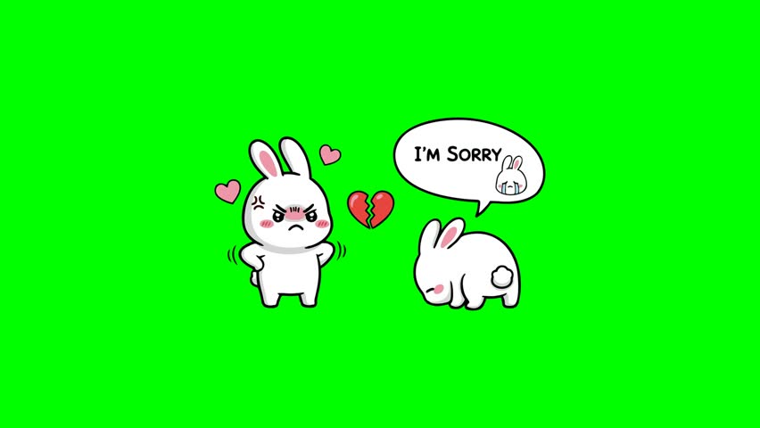 Adorable animated bunnies on a green screen background, one looking sad with a broken heart, the other saying 