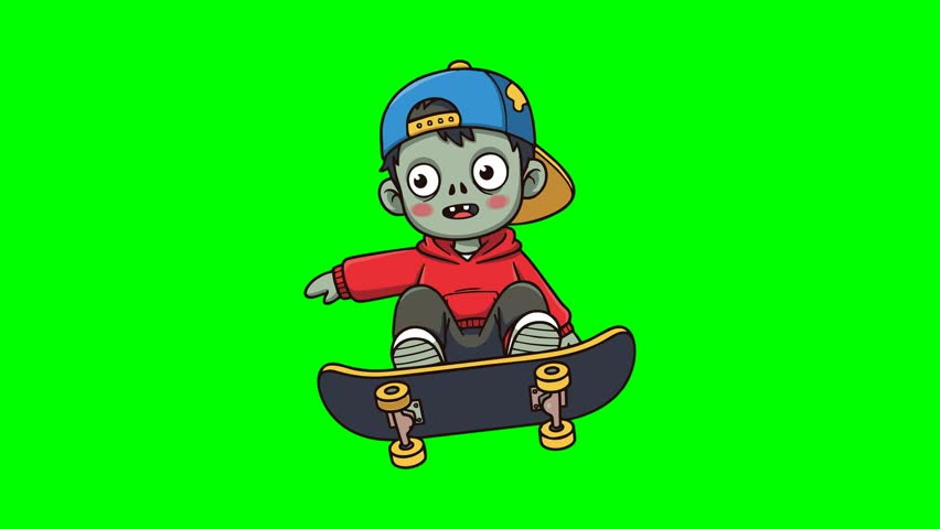 A fun and quirky illustration of a young zombie character enjoying a skateboard ride, perfect for creative projects.